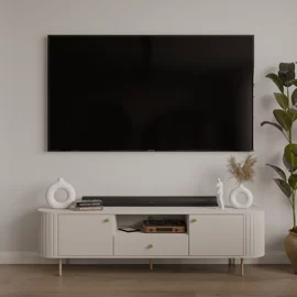 Comoda TV Ovalio 2 Usi + Sertar, TYP 321,  180x42.3x50 h cm, Pal Melaminat/MDF, Beige Nisip