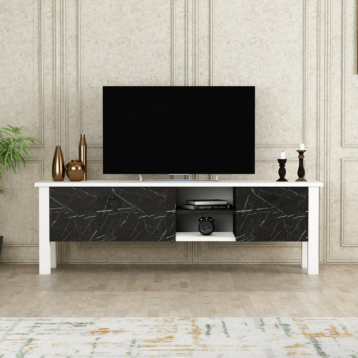Comoda tv rose, 140x35x44.8 cm - alb cu negru tip marmura