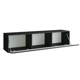 Comoda TV Suspendata Joy, 150x38x35 cm, Pal Melaminat, Front MDF cu Riflaj, Negru Lucios
