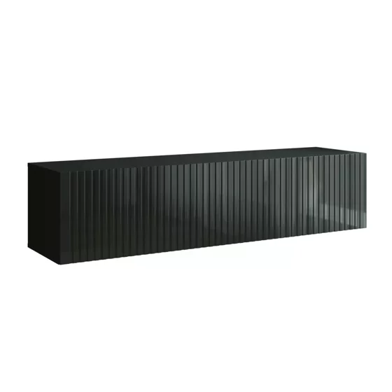 Comoda TV Suspendata Joy, 150x38x35 cm, Pal Melaminat, Front MDF cu Riflaj, Negru Lucios picture - 1