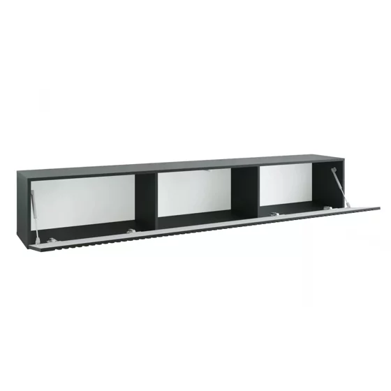 Comoda TV Suspendata Joy, 200x38x35 cm, Pal Melaminat, Front MDF cu Riflaj, Negru Lucios picture - 2