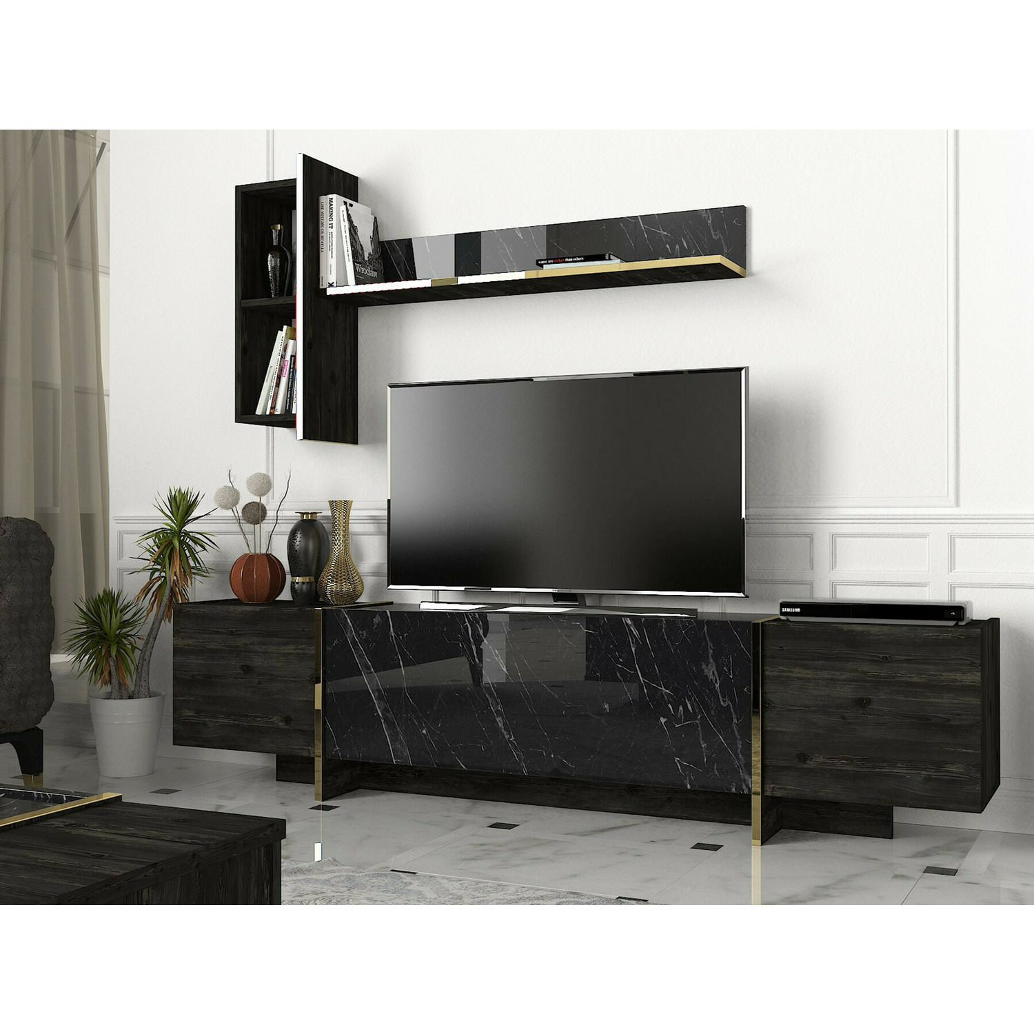 Comoda tv veyron, 180x32.3x45 cm - negru marmura