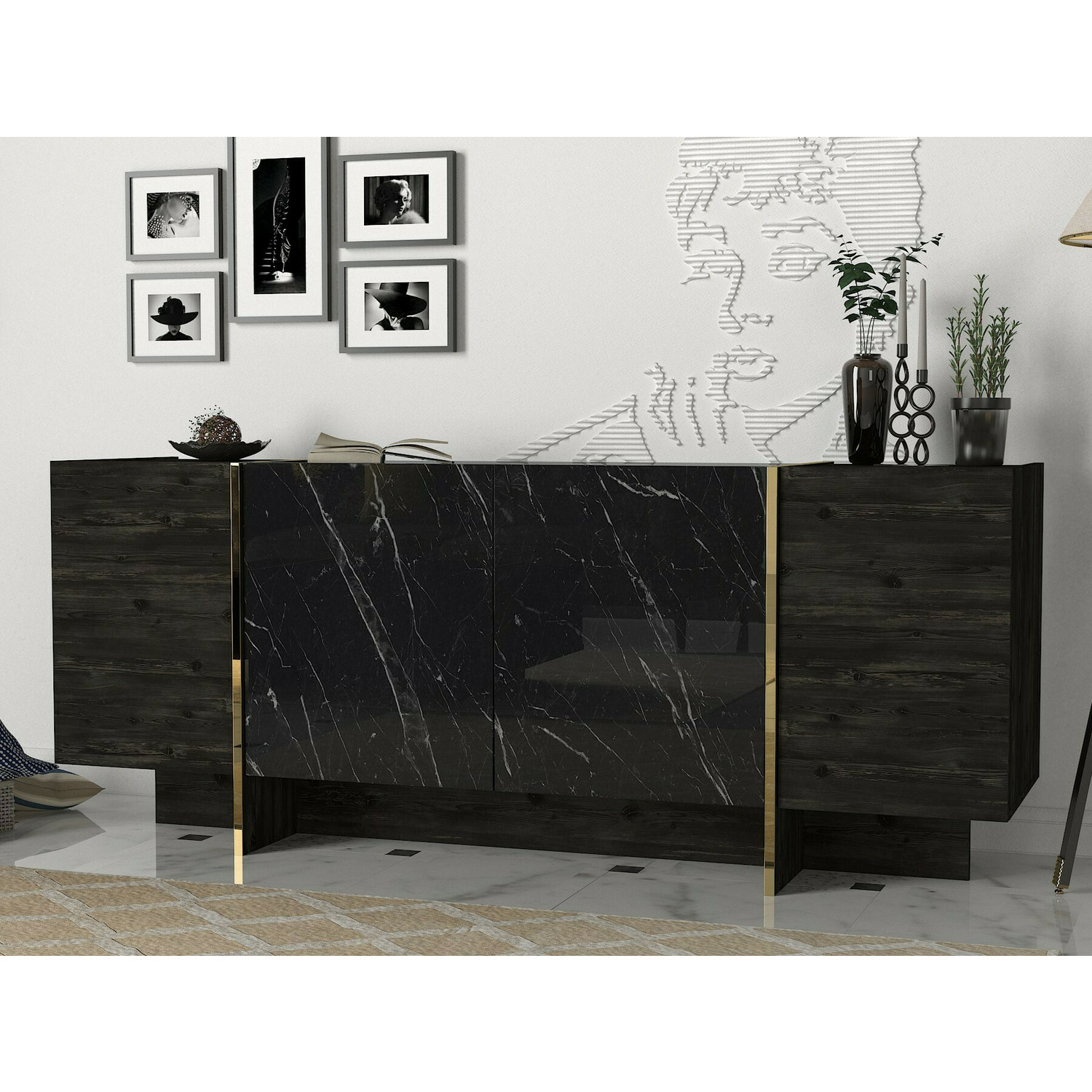 Comoda veyron,180x46.6x60 cm - negru marmura