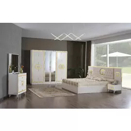 Dormitor Bambuu- Alb - Dulap 6 Usi, Pat 180x200, Comoda cu Oglinda, 2 Noptiere