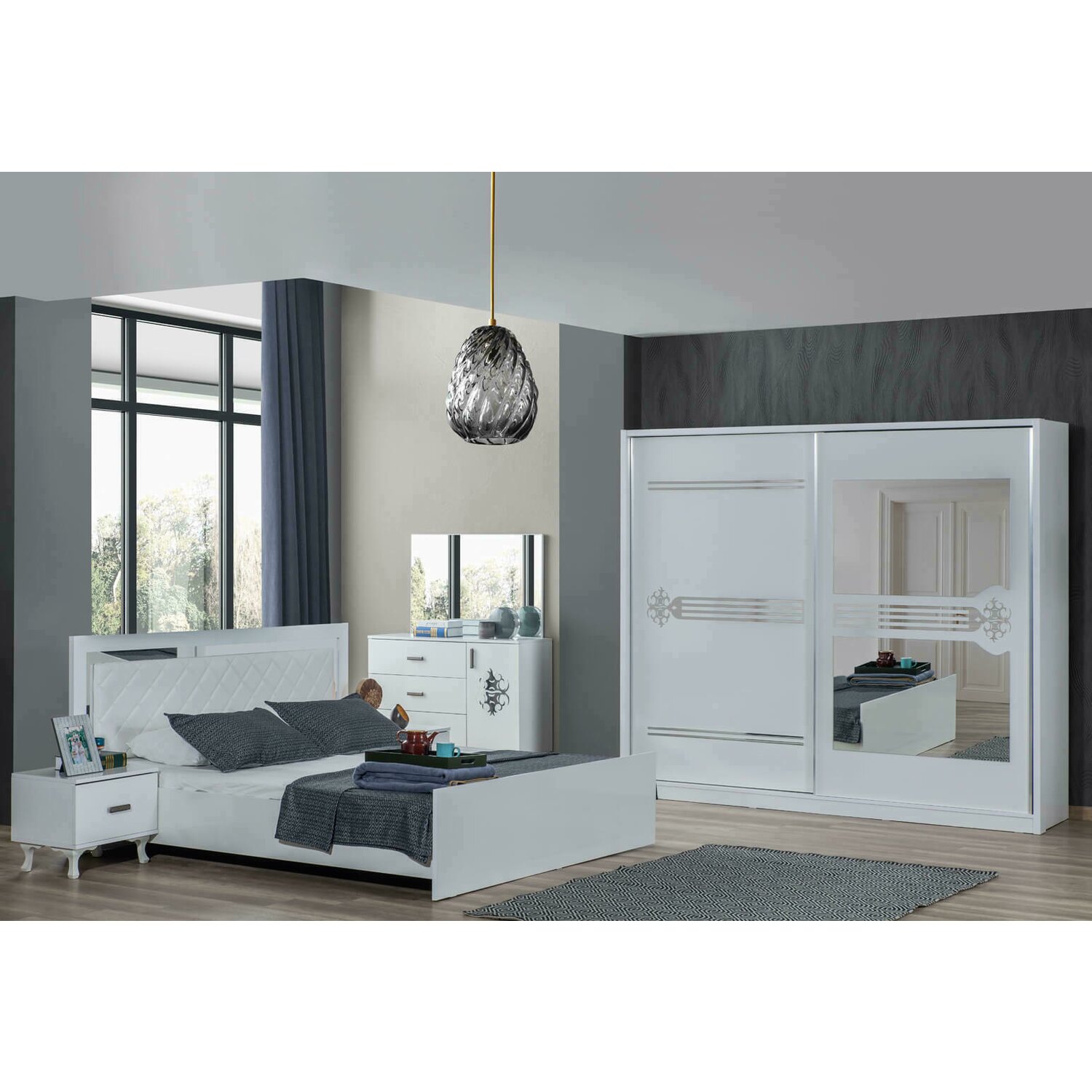 Dormitor Modern Alanya Alb - Dulap 2 Usi Glisante, pat 160x200, Comoda cu Sertare, Toaleta si 2 noptiere