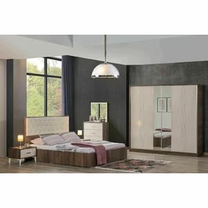 Dormitor Modern Belek Nuc/Cappuccino - Dulap 2 usi Glisante, Pat 160x200, Comoda cu Oglinda, 2 Noptiere
