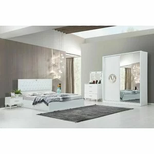 Dormitor Modern New Vision - Alb - Dulap 2 usi Glisante, Pat 160x200, Comoda cu Oglinda, 2 Noptiere