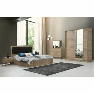 Dormitor Modern Ramada - Teak - Dulap 2 usi Glisante, Pat 160x200, Comoda cu Oglinda, 2 Noptiere