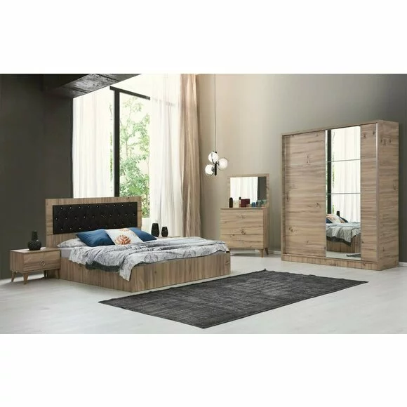Dormitor Modern Ramada - Teak - Dulap 2 usi Glisante, Pat 160x200, Comoda cu Oglinda, 2 Noptiere picture - 1