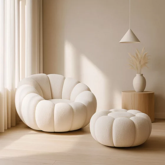 Fotoliu cu taburet Peru, 100x100x63 cm, Stofa Bucle, Crem picture - 5