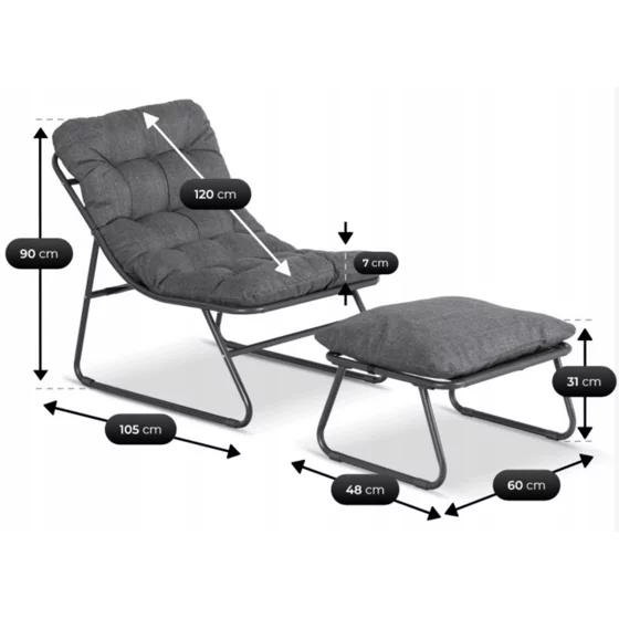 Fotoliu de Gradina cu Taburet Kamfo, 105x60x90 h cm, Structura Metalica, Gri picture - 9