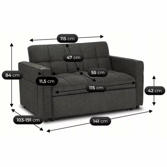 Fotoliu Dublu Extensibil Astana, 141x103x84 h cm, Stofa, Negru picture - 6