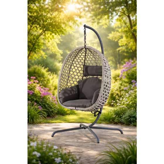 Leagan de Gradina/Terasa Nirva, 134x134x200 cm, Metal/Ratan Sintetic/Stofa, Gri/Gri Deschis picture - 1