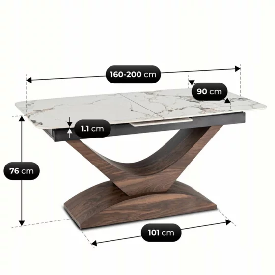 Masa Extensibila Agadir, 160-200x90x76 cm, Blat Ceramic, Nuc/Alb Marmura picture - 7