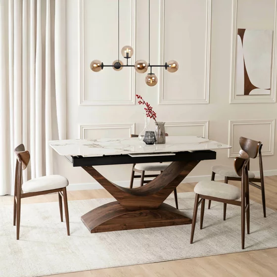 Masa Extensibila Agadir, 160-200x90x76 cm, Blat Ceramic, Nuc/Alb Marmura picture - 1