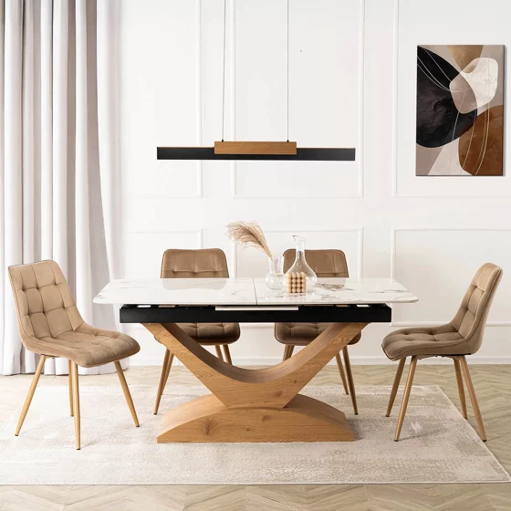 Masa Extensibila Agadir, 160-200x90x76 cm, Blat Ceramic, Stejar/Alb Marmura picture - 2