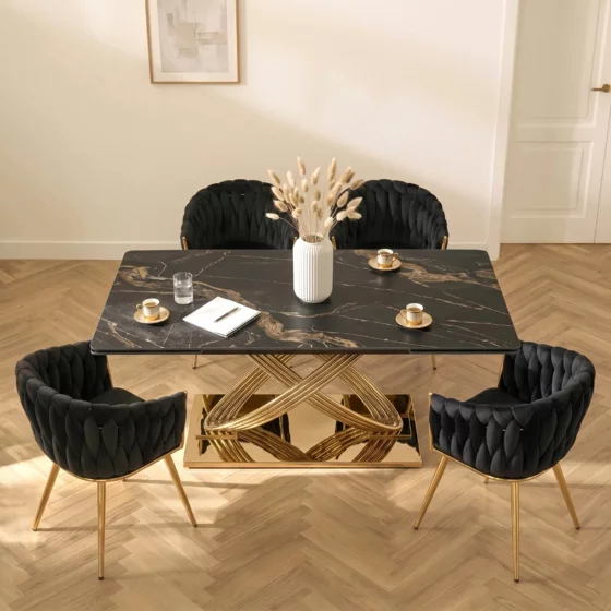 Masa Extensibila Inegol 160-240x90x77.5 h cm,  Blat Ceramic - Auriu/Negru Marmura picture - 2