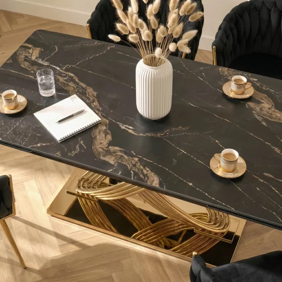 Masa Extensibila Inegol 160-240x90x77.5 h cm,  Blat Ceramic - Auriu/Negru Marmura picture - 3