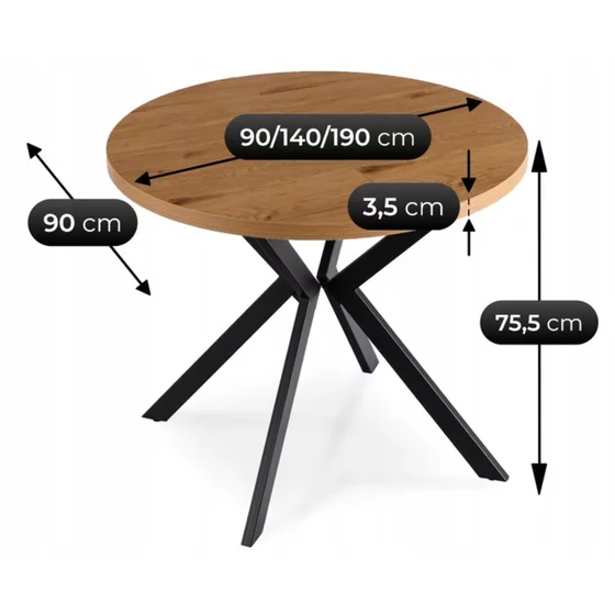 Masa Extensibila Lumos, 90-140-190x90x75,5 h cm, Metal/MDF, Negru/Stejar Auriu picture - 3