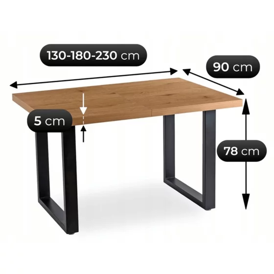 Masa Extensibila Trento, 130-180-230x90x78 h cm, Metal/MDF, Negru/Stejar picture - 4