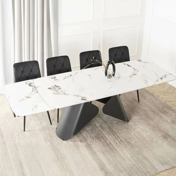 Masa Extensibila Vasai 160-240-x90x77 cm, Metal/Ceramica, Negru/Alb Marmura picture - 1