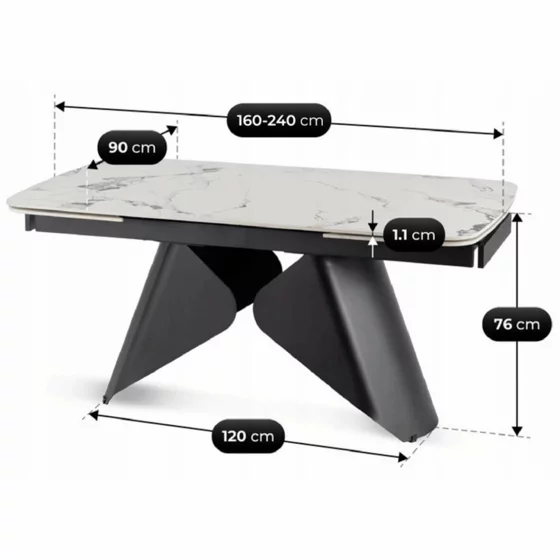 Masa Extensibila Vasai 160-240-x90x77 cm, Metal/Ceramica, Negru/Alb Marmura picture - 6