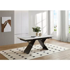 Masa Extensibila Yvone 180-220-260x90x75 cm, Metal/Piatra Sinterizata, Alb-Maroniu/Negru