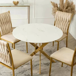 Masa Rotunda Ballia, Ø100x75 cm, Metal/Sticla, Auriu/Alb