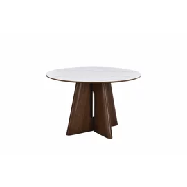 Masa Rotunda Dallas, Ø120 cm, Blat Ceramic, Picior MDF cu Furnir, Alb/Nuc