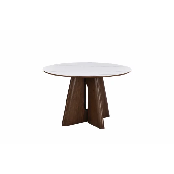 Masa Rotunda Dallas, Ø120 cm, Blat Ceramic, Picior MDF cu Furnir, Alb/Nuc picture - 1