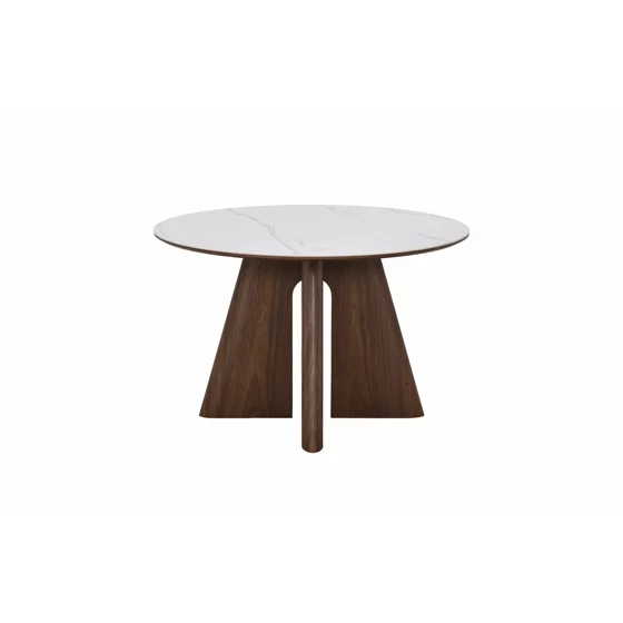 Masa Rotunda Dallas, Ø120 cm, Blat Ceramic, Picior MDF cu Furnir, Alb/Nuc picture - 8