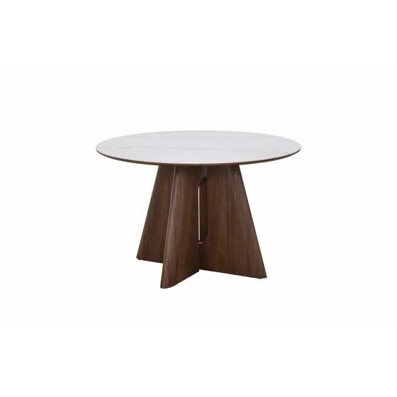 Masa Rotunda Dallas, Ø120 cm, Blat Ceramic, Picior MDF cu Furnir, Alb/Nuc picture - 10