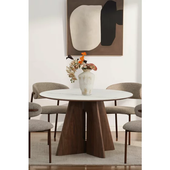 Masa Rotunda Dallas, Ø120 cm, Blat Ceramic, Picior MDF cu Furnir, Alb/Nuc picture - 2