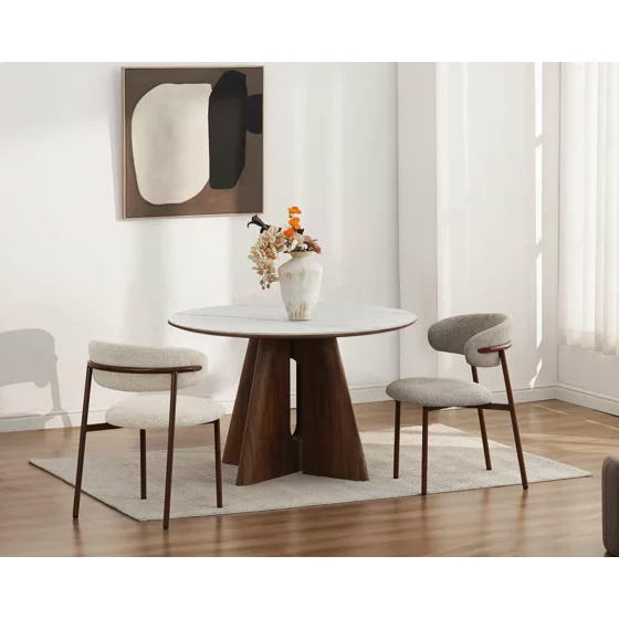Masa Rotunda Dallas, Ø120 cm, Blat Ceramic, Picior MDF cu Furnir, Alb/Nuc picture - 11