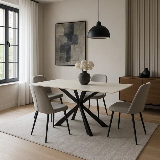 Masa Terron, 200x80x76 h cm, Metal/Piatra Sinetrizata, Negru/Alb Tip Marmura picture - 2