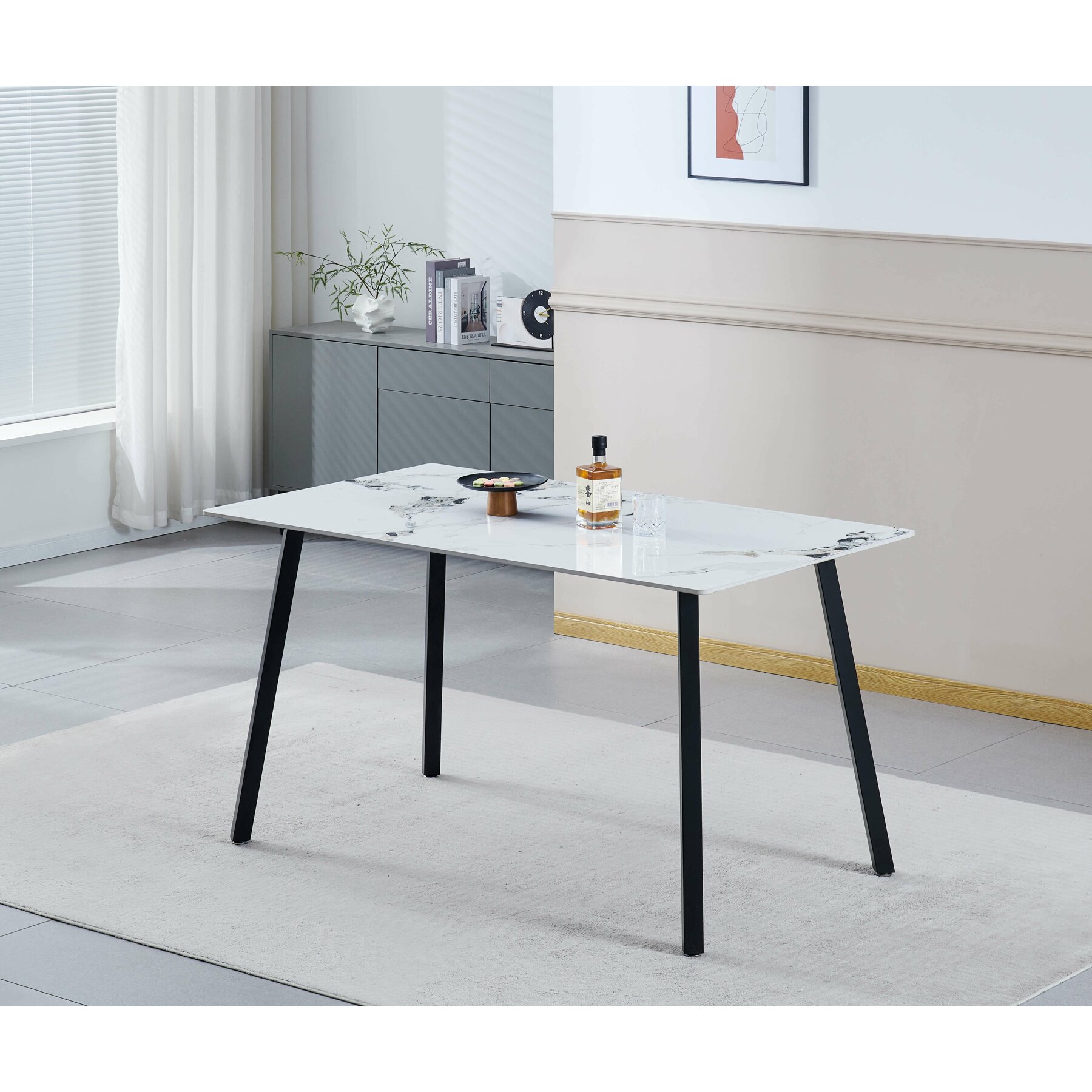 Masa Thor, 140x80x75 H cm, Blat Ceramic, Negru/Alb Marmura - Kalenda