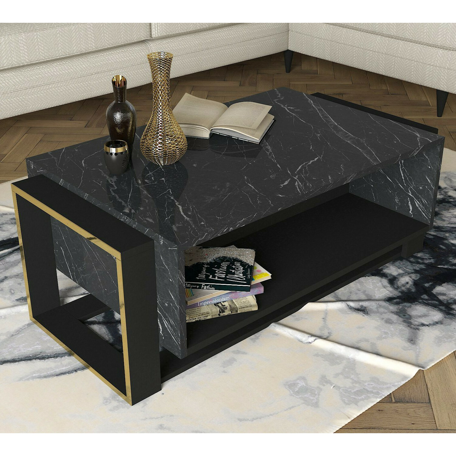 Masuta de cafea bianco, 106.54x60x40.4 cm - negru marmurea
