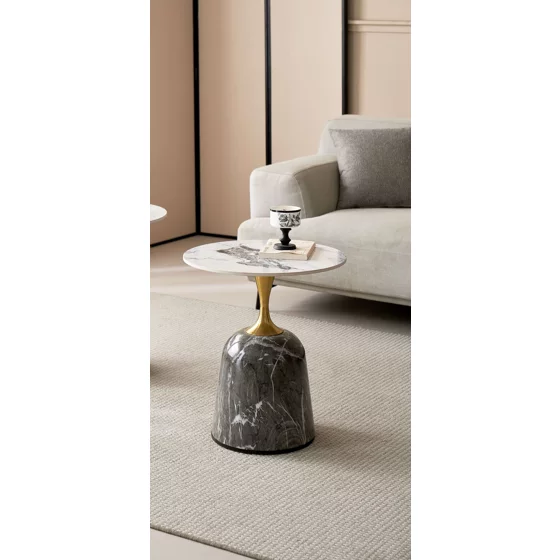 Masuta de Cafea Mistraa, Ø50x59 cm, Metal/Piatra Sinterizata, Baza Gri - Blat Alb Marmura picture - 1