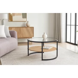 Masuta de Cafea Vitrea, 68x68x45, Metal/Pal Melaminat/Sticla, Negru/Natur