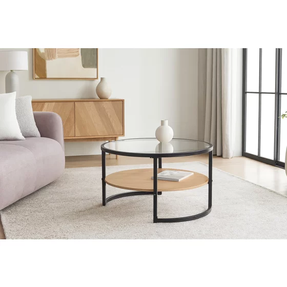 Masuta de Cafea Vitrea, 68x68x45, Metal/Pal Melaminat/Sticla, Negru/Natur picture - 1