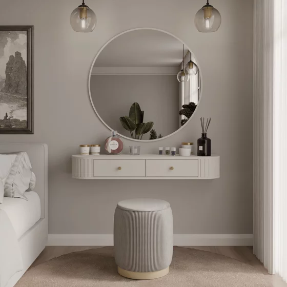 Masuta de Toaleta Suspendata + Oglinda Rotunda Ovalio, TYP 202+701,  123x35.9x17.5 h cm, Pal Melaminat/MDF, Beige Nisip picture - 1