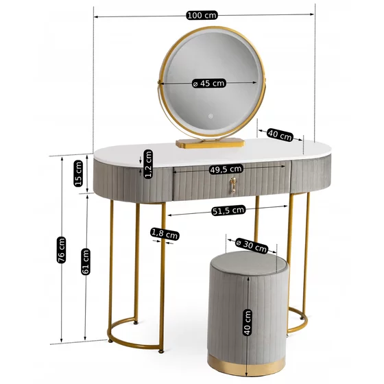 Masuta Toaleta Sabrina, 100x40x76 h cm, Metal/MDF, Alb/Gri/Auriu picture - 7