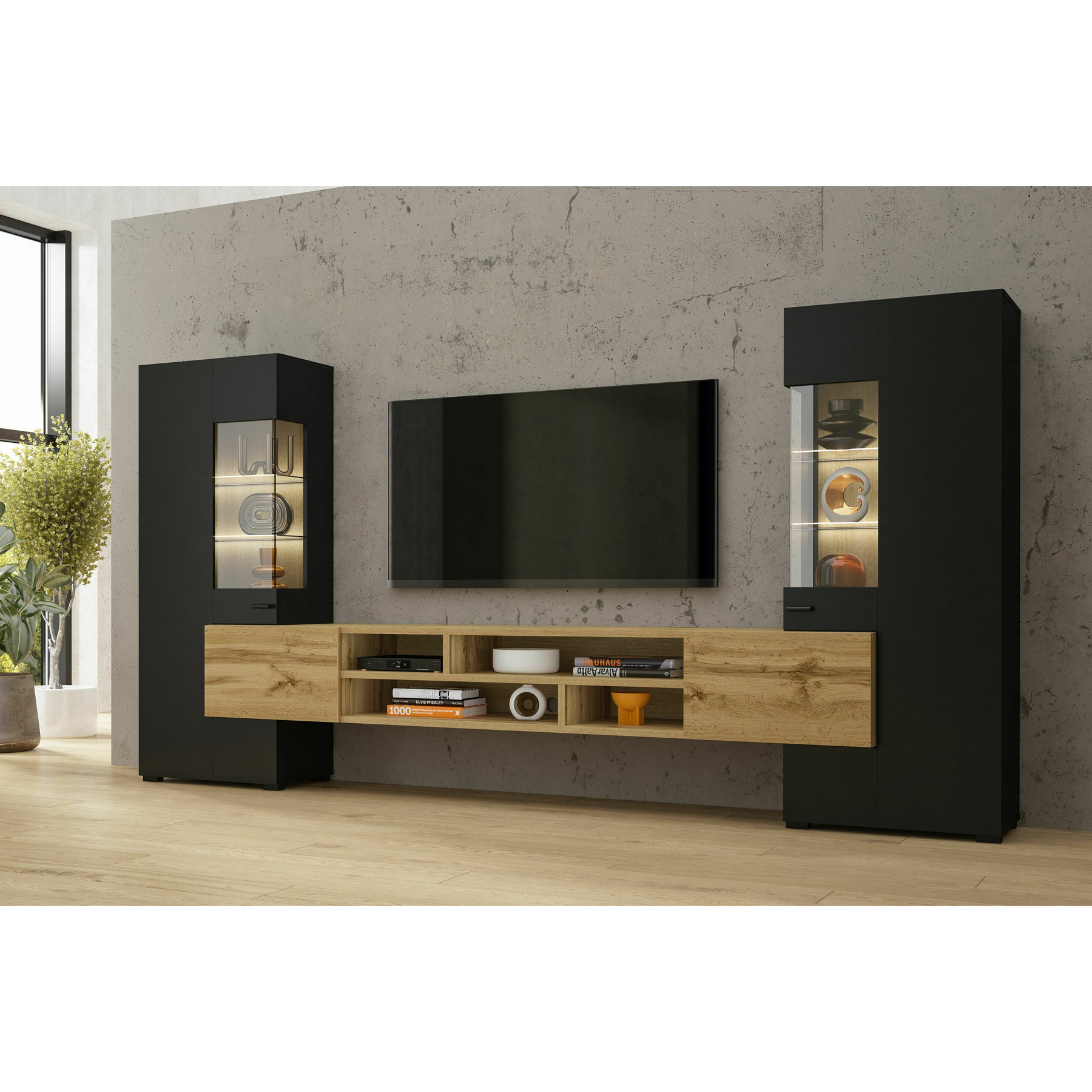 Mobila living coby, 270x45x143 cm, negru onyks/stejar wotan