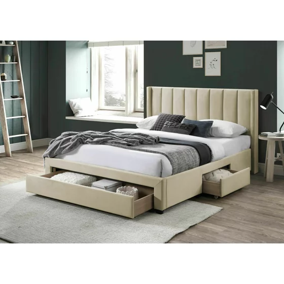 Pat Tapitat Cu Sertare Salem, 140x200 cm, Catifea, Beige picture - 1