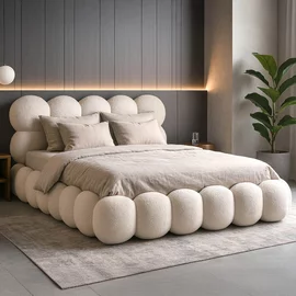 Pat Tapitat cu Somiera Rabatabila Akola, 140x200 cm, Boucle, Crem