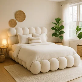 Pat Tapitat cu Somiera Rabatabila Akola, 160x200 cm, Boucle, Crem