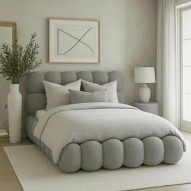 Pat Tapitat cu Somiera Rabatabila Akola, 160x200 cm, Boucle, Gri Deschis