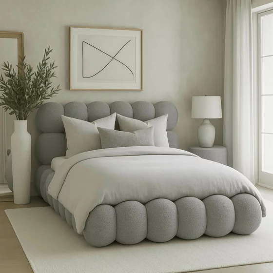 Pat Tapitat cu Somiera Rabatabila Akola, 160x200 cm, Boucle, Gri Deschis picture - 1