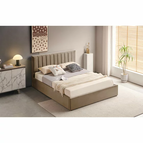 Pat Tapitat cu Somiera Rabatabila Casablanca, 140/200 cm, Stofa Catifea Beige picture - 1