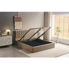 Pat Tapitat cu Somiera Rabatabila Casablanca, 160/200 cm, Stofa Catifea Beige